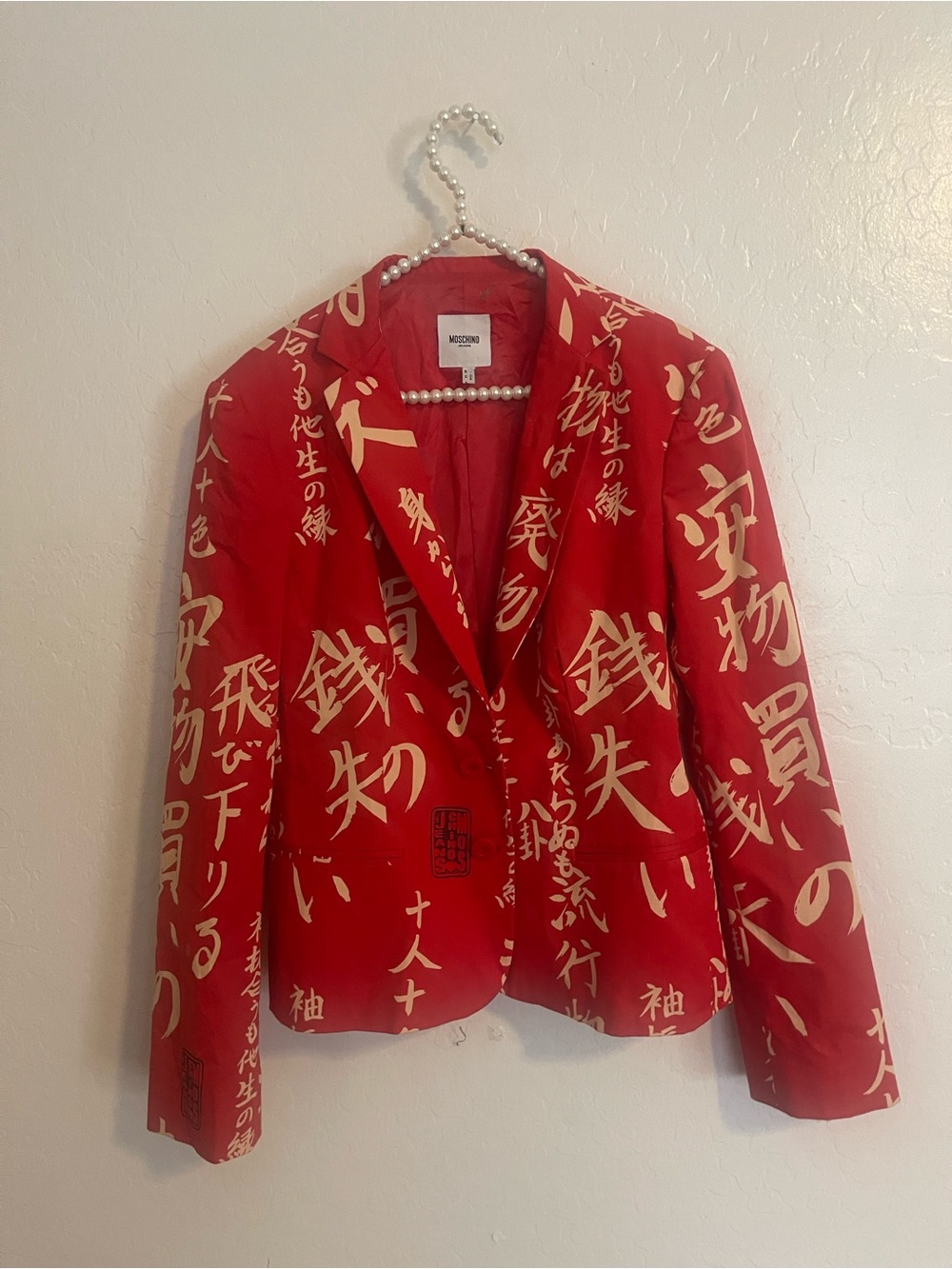 90s Moschino Jeans blazer featuring a Japanese calligraphy print US 14